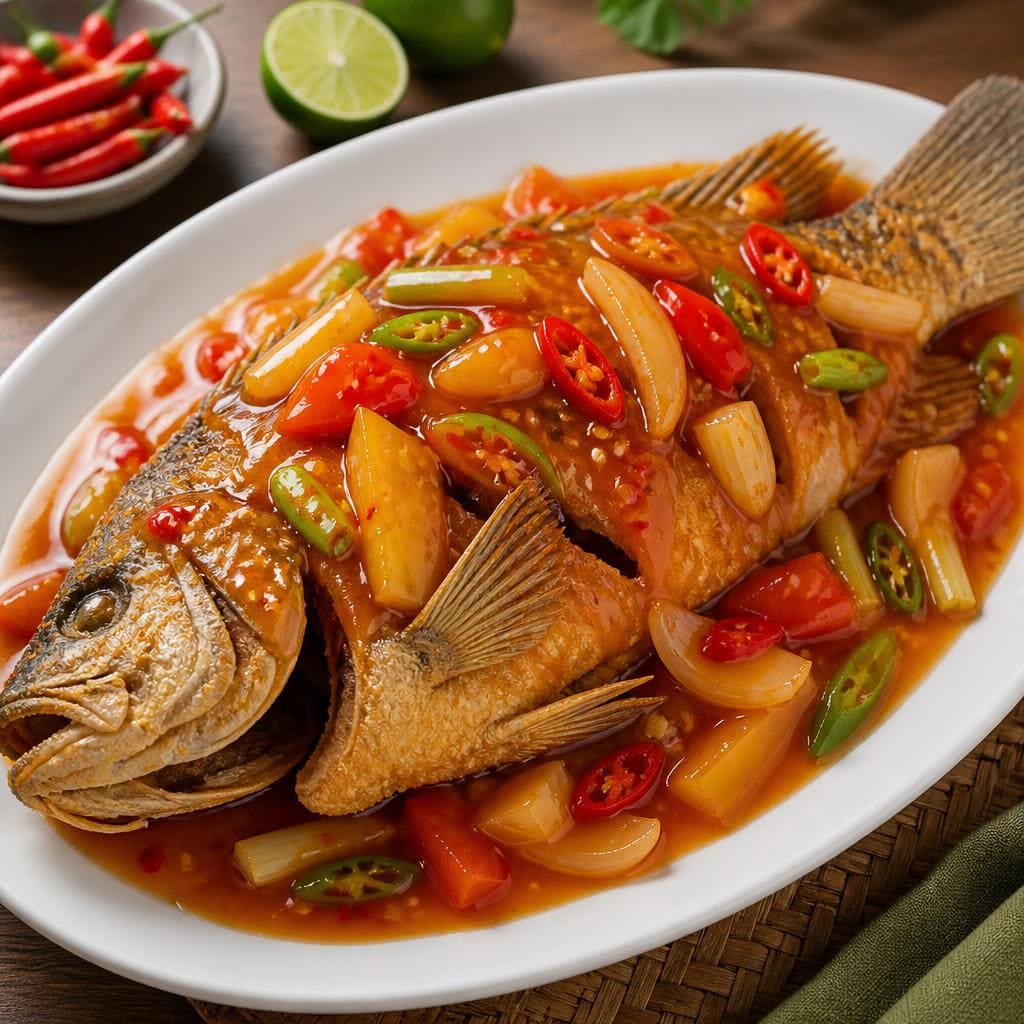 Kakap Goreng Saus Asam Pedas Te Sate dengan ikan kakap dan saus bercita rasa segar